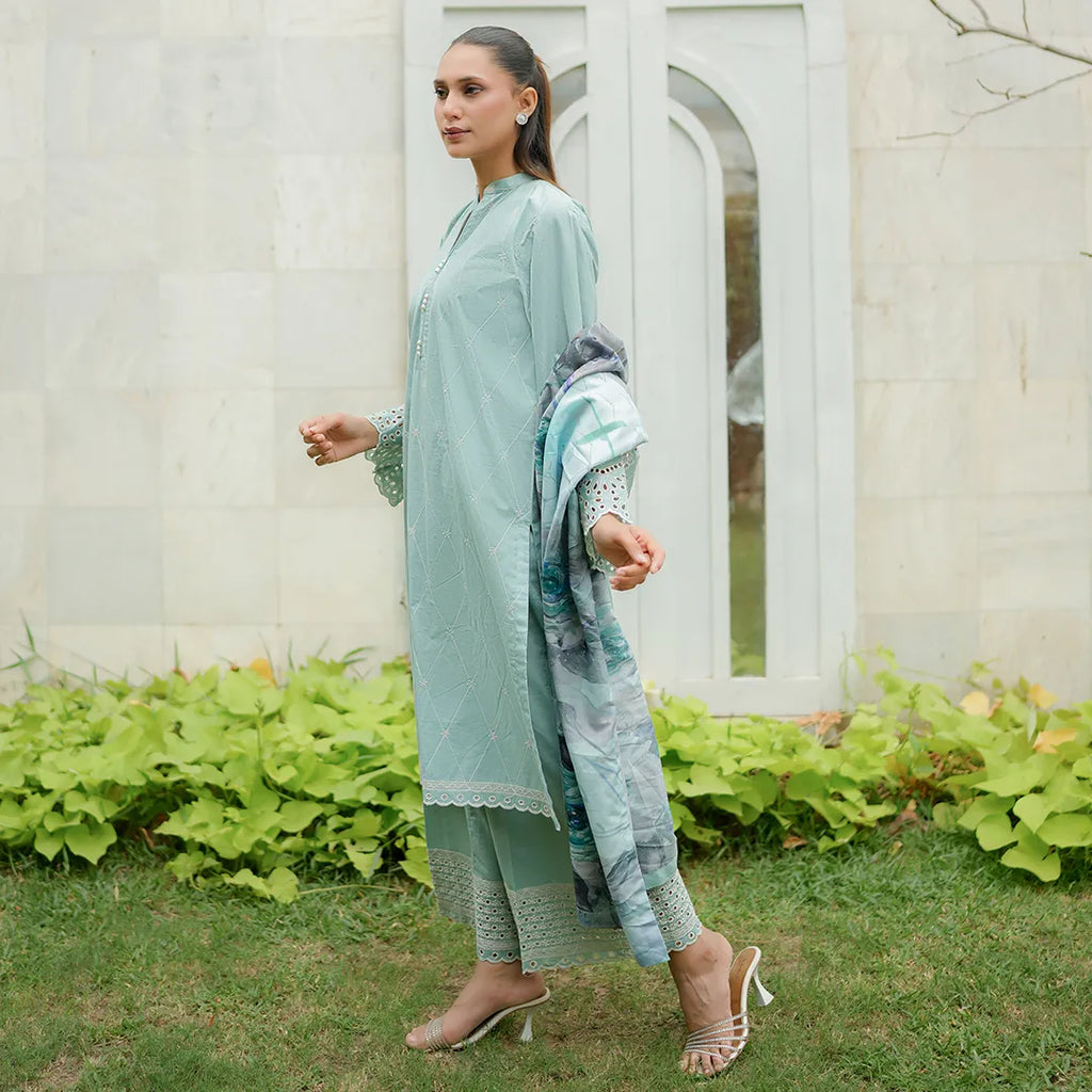 Nilofer – Greyish Blue Schiffli 3-Piece Outfit