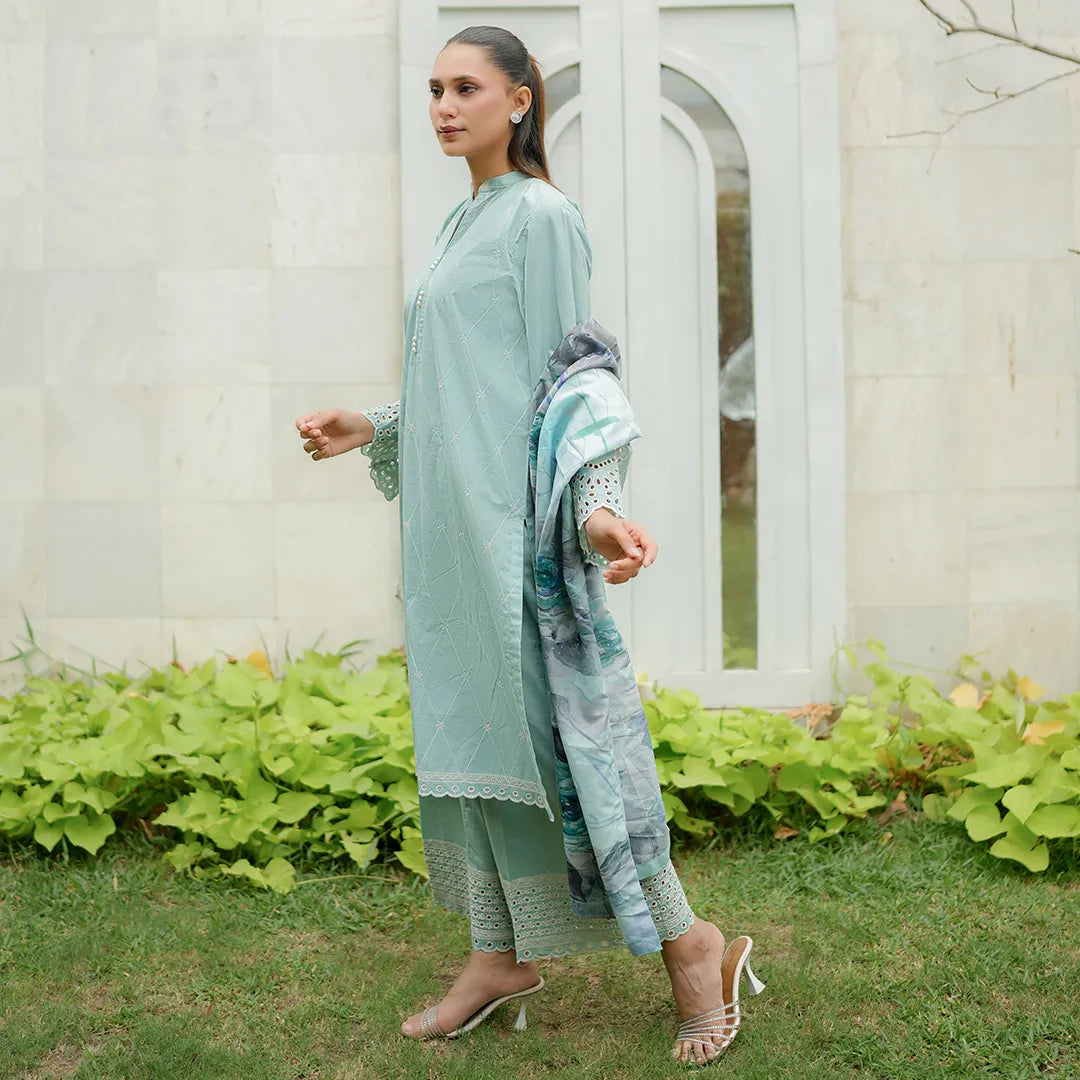 Nilofer – Greyish Blue Schiffli 3-Piece Outfit