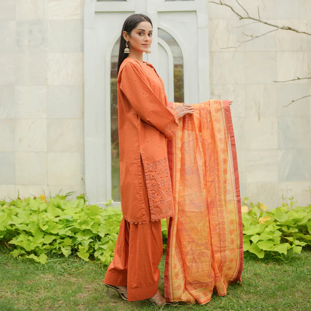 Surkhab – Orange Schiffli 3-Piece Outfit