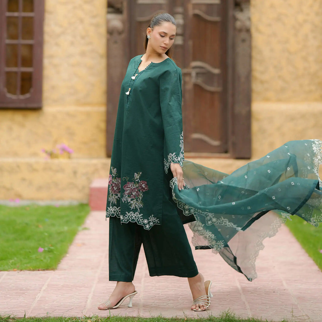 Mehr | Dark Green Embroidered Lawn 3-Piece