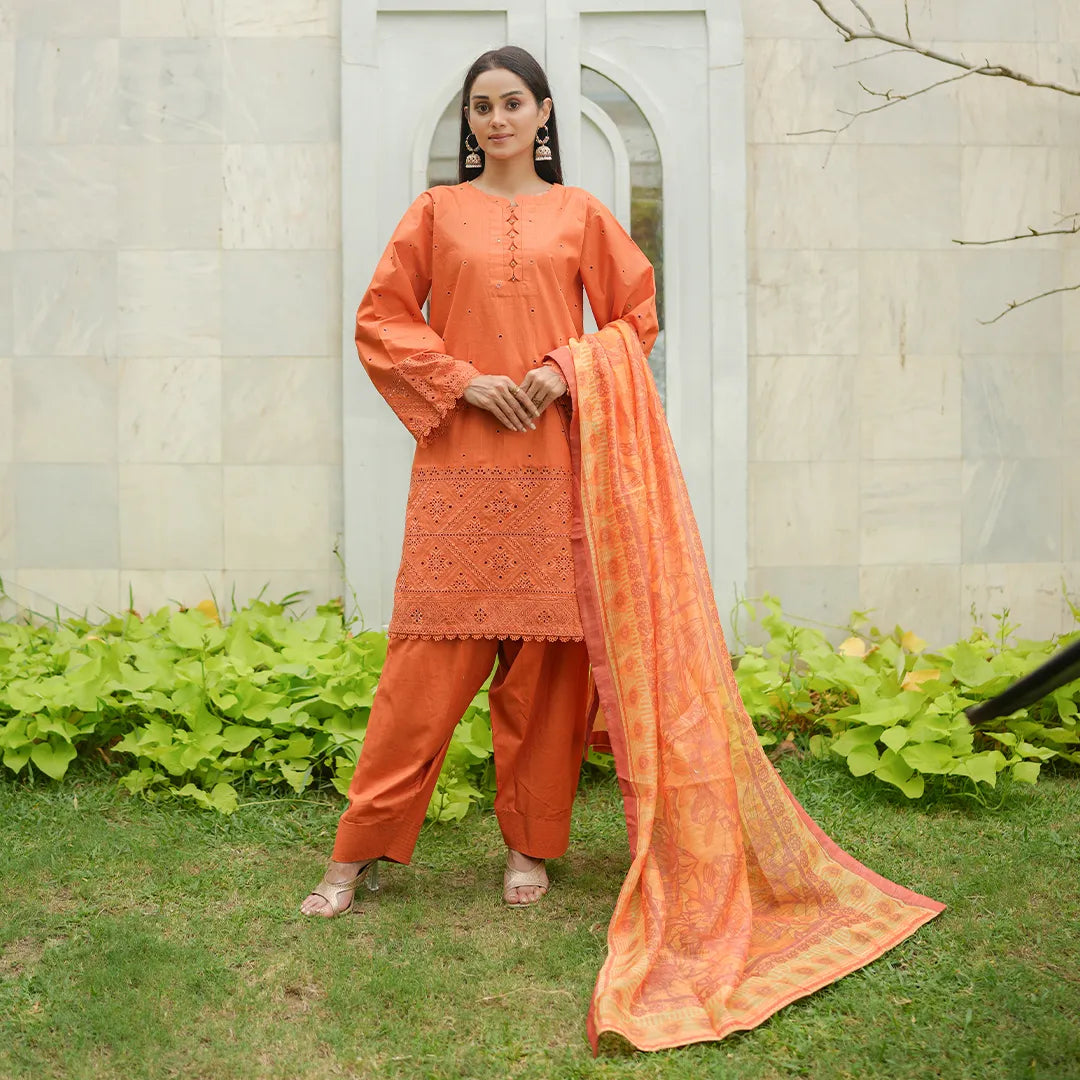 Surkhab – Orange Schiffli 3-Piece Outfit