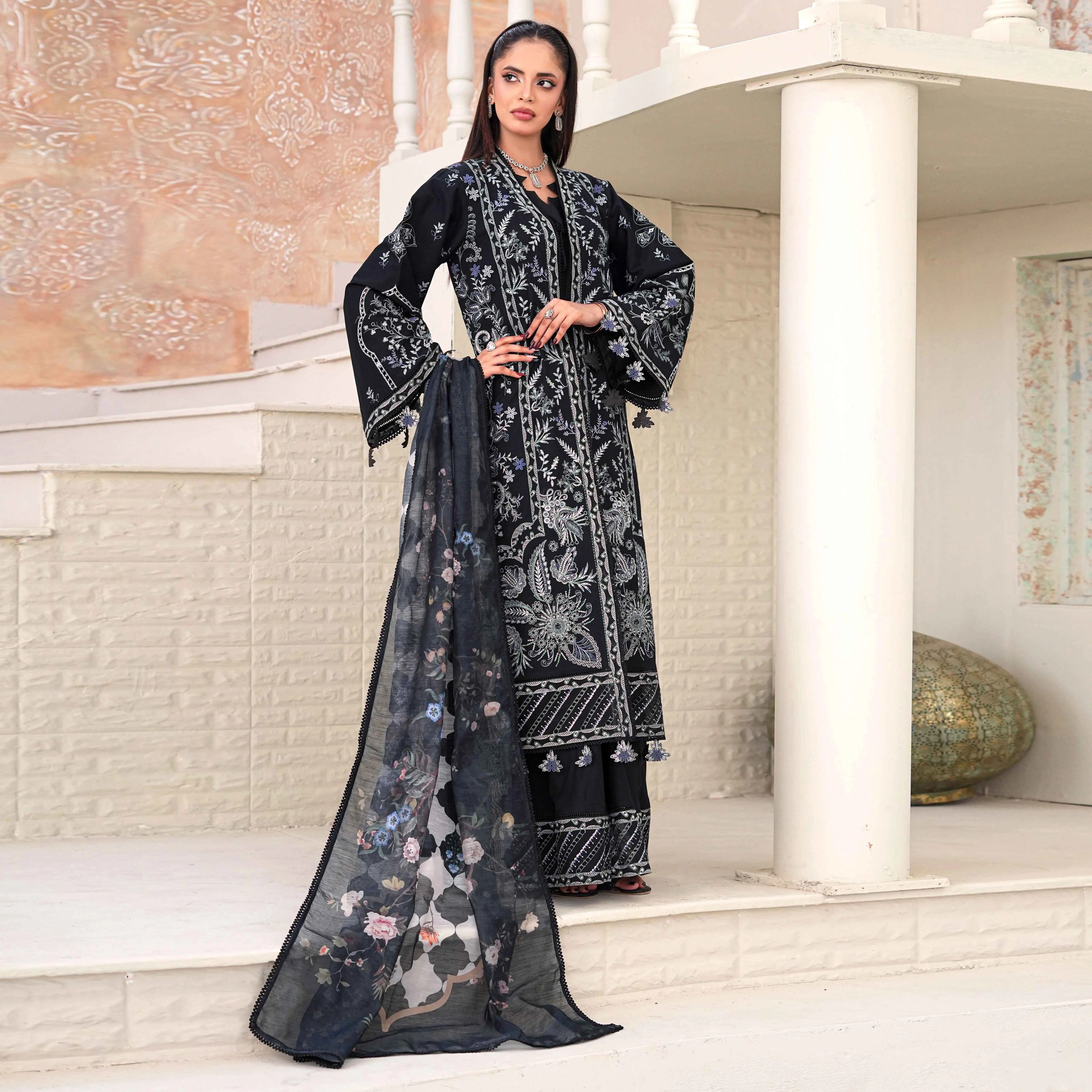 KAHKASHAN | Black & Silver 3-Piece Suit