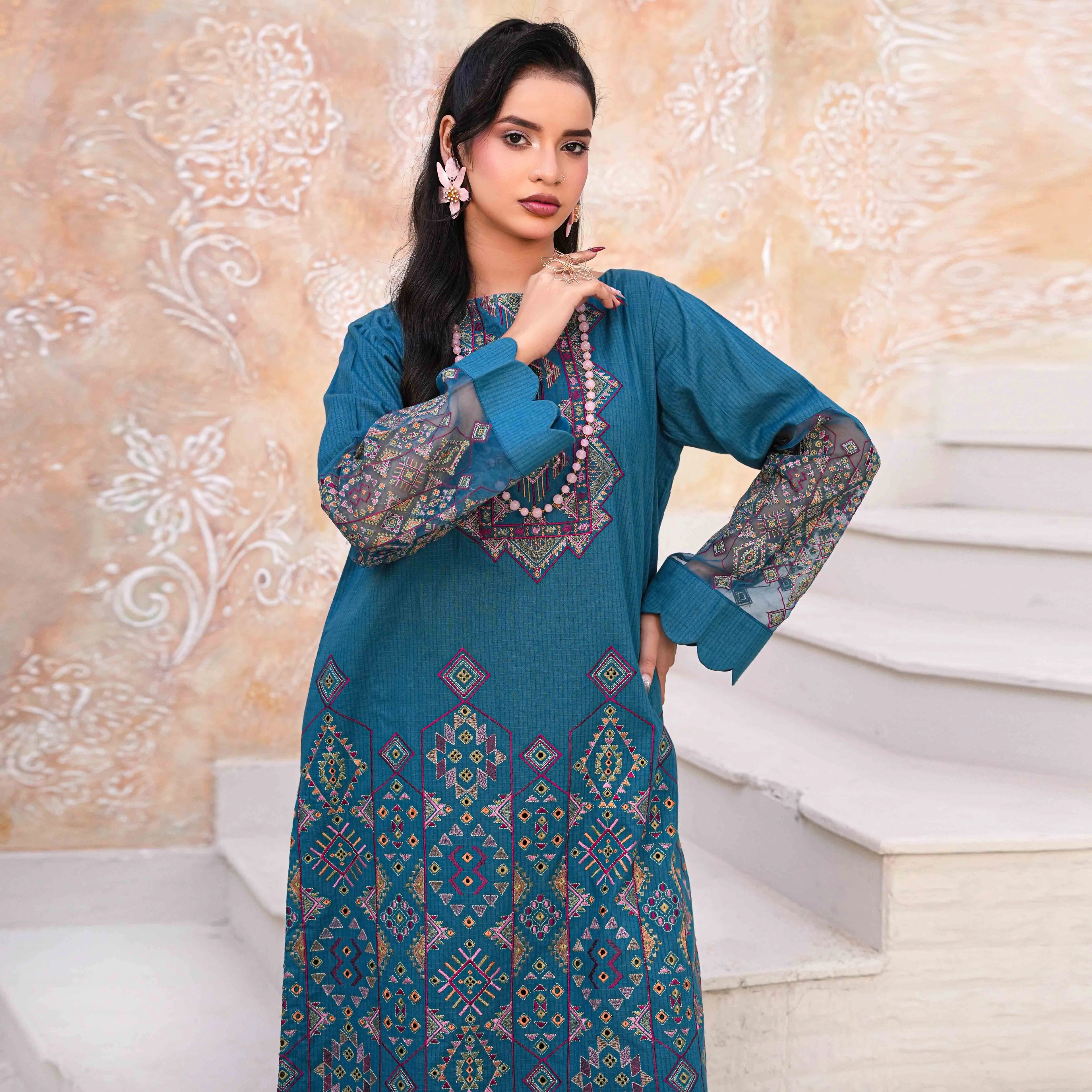 UFAQ | Teal Blue Organza Patch 2-Piece Suit