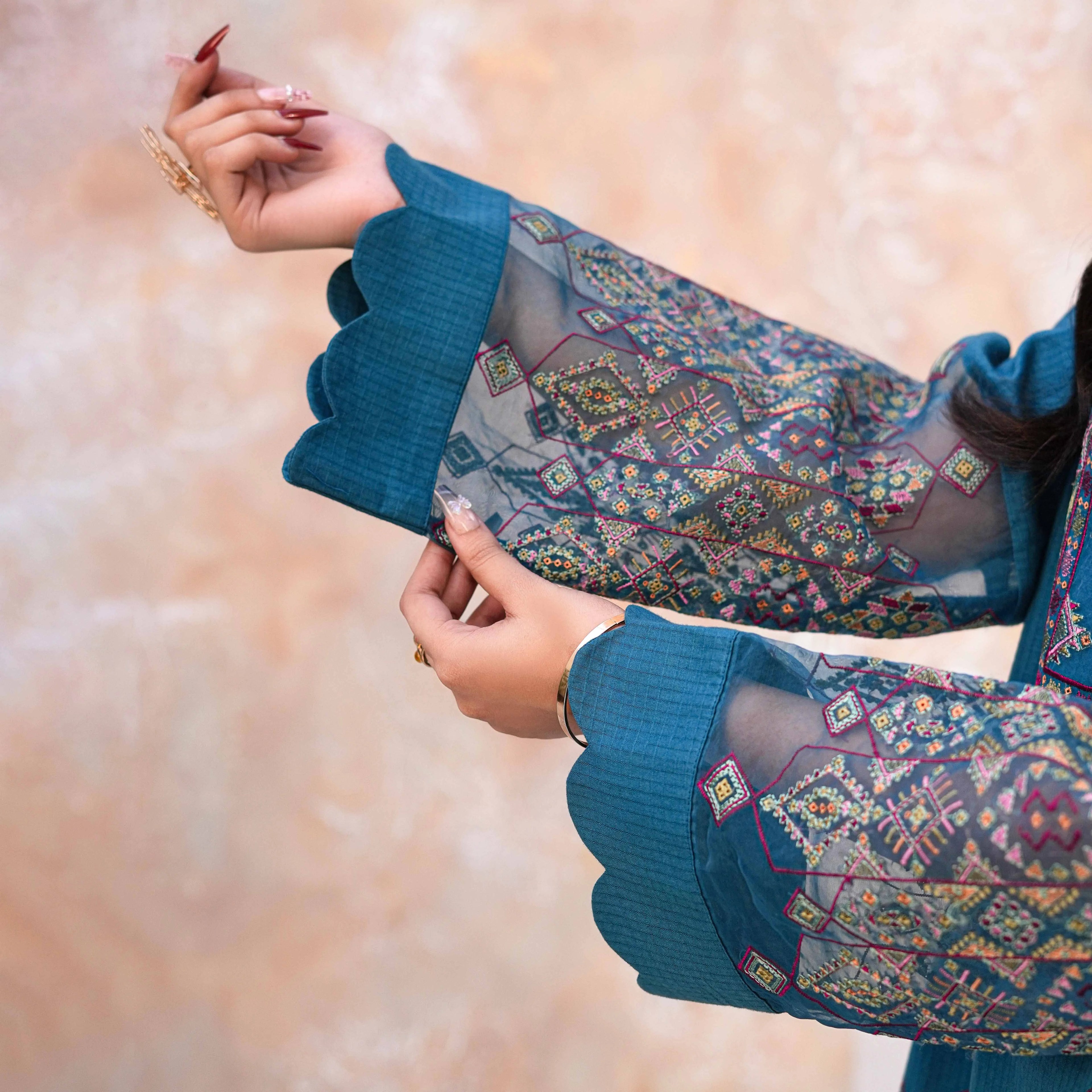 UFAQ | Teal Blue Organza Patch 2-Piece Suit