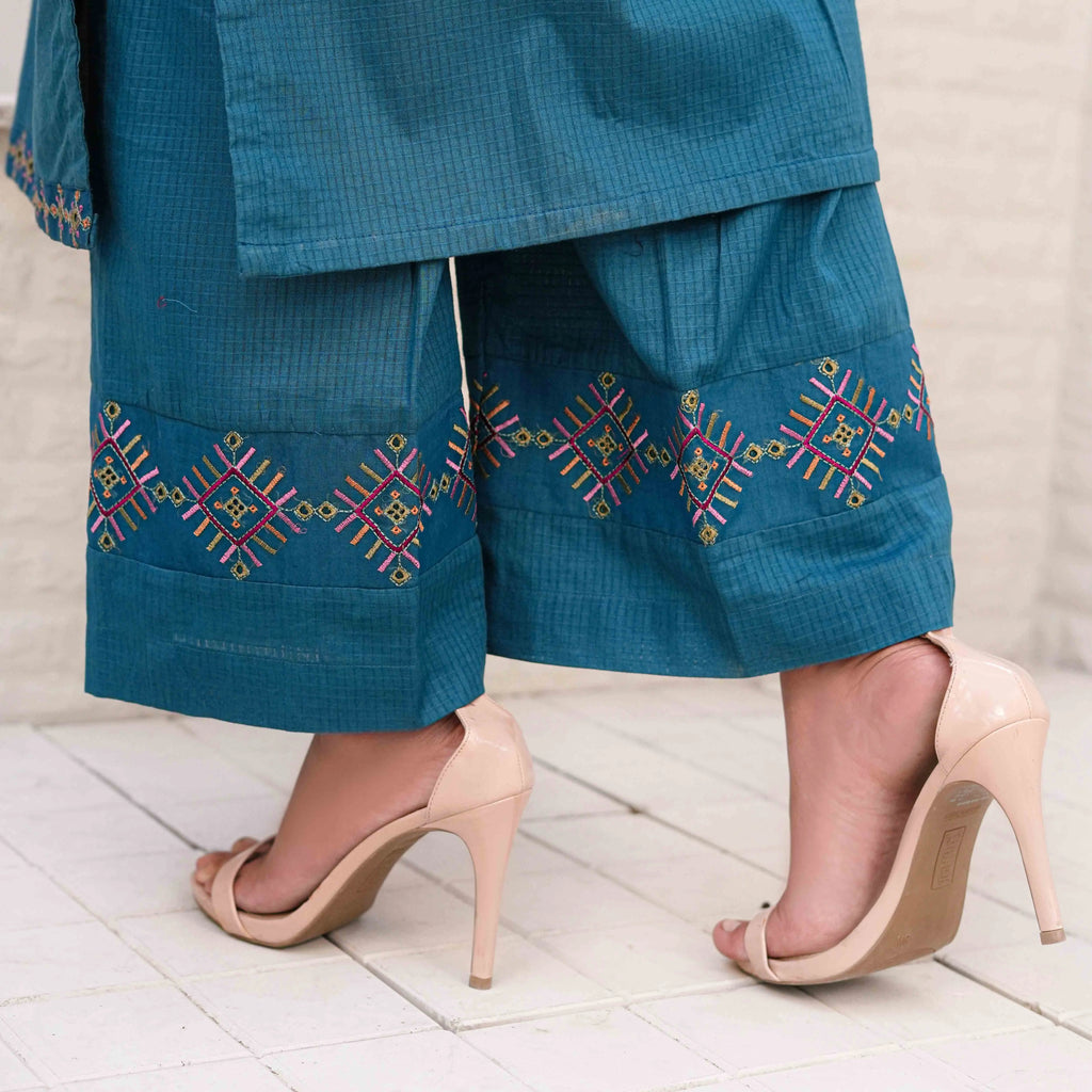 UFAQ | Teal Blue Organza Patch 2-Piece Suit