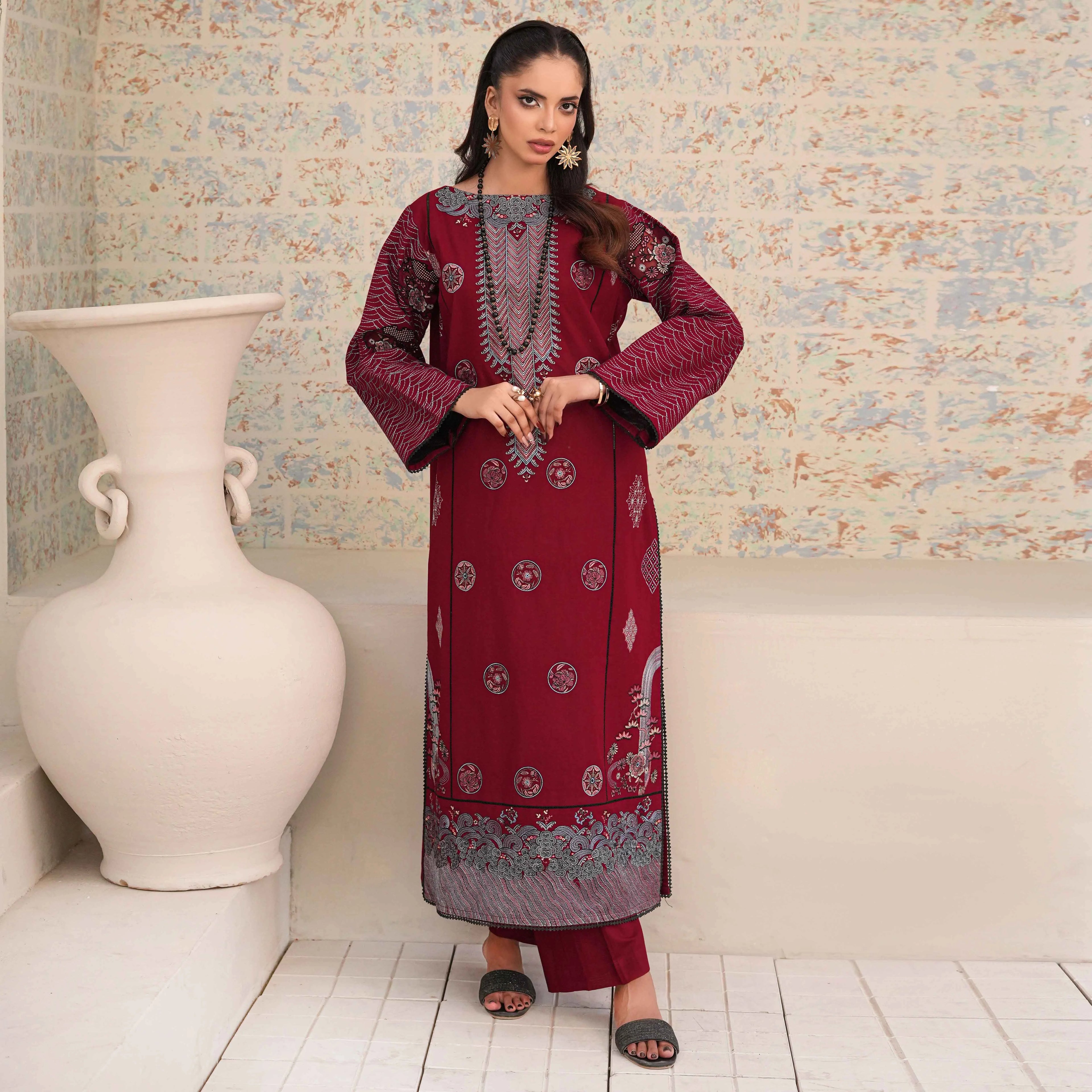 SHAFAQ | Deep Red Long Kurta 2-Piece Suit