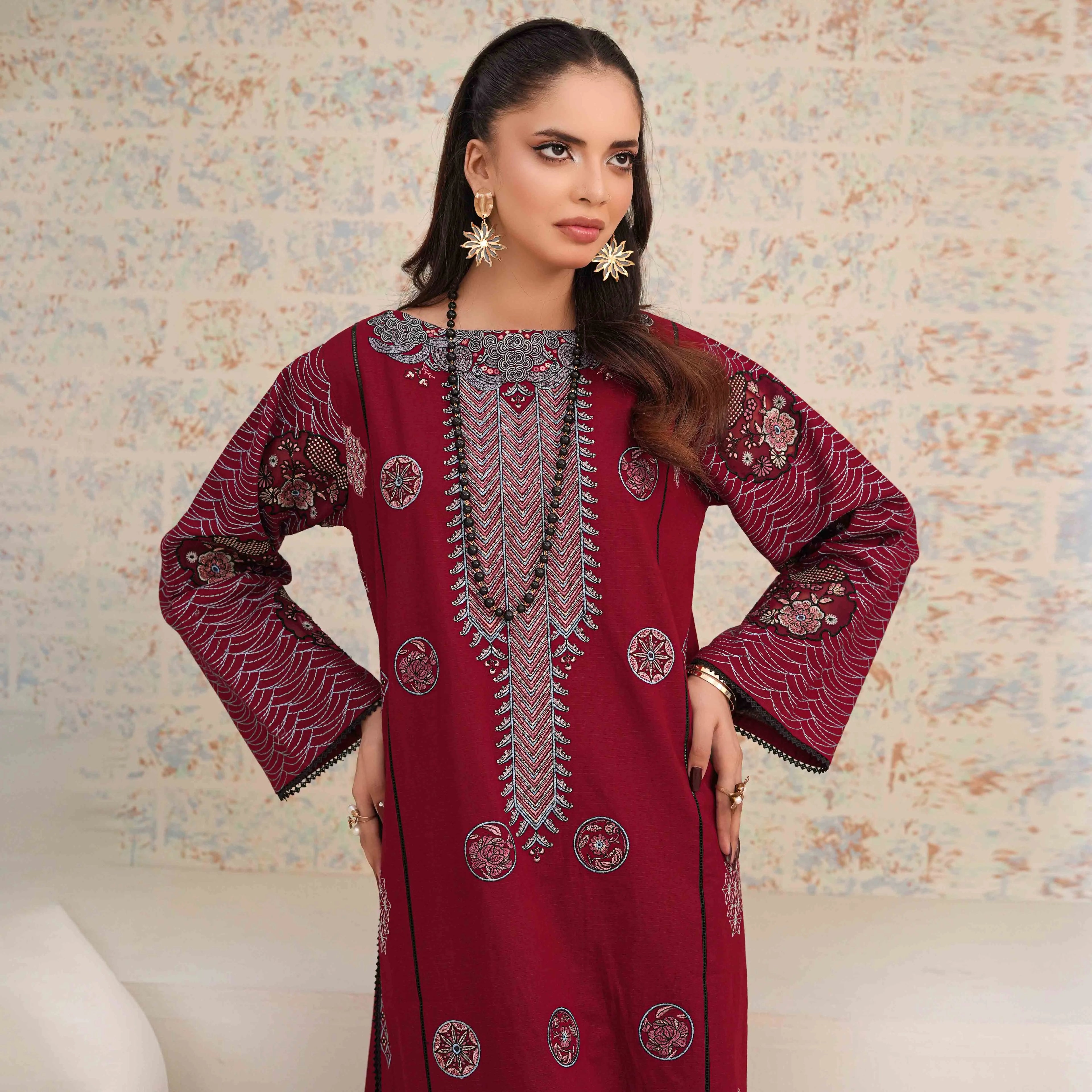 SHAFAQ | Deep Red Long Kurta 2-Piece Suit