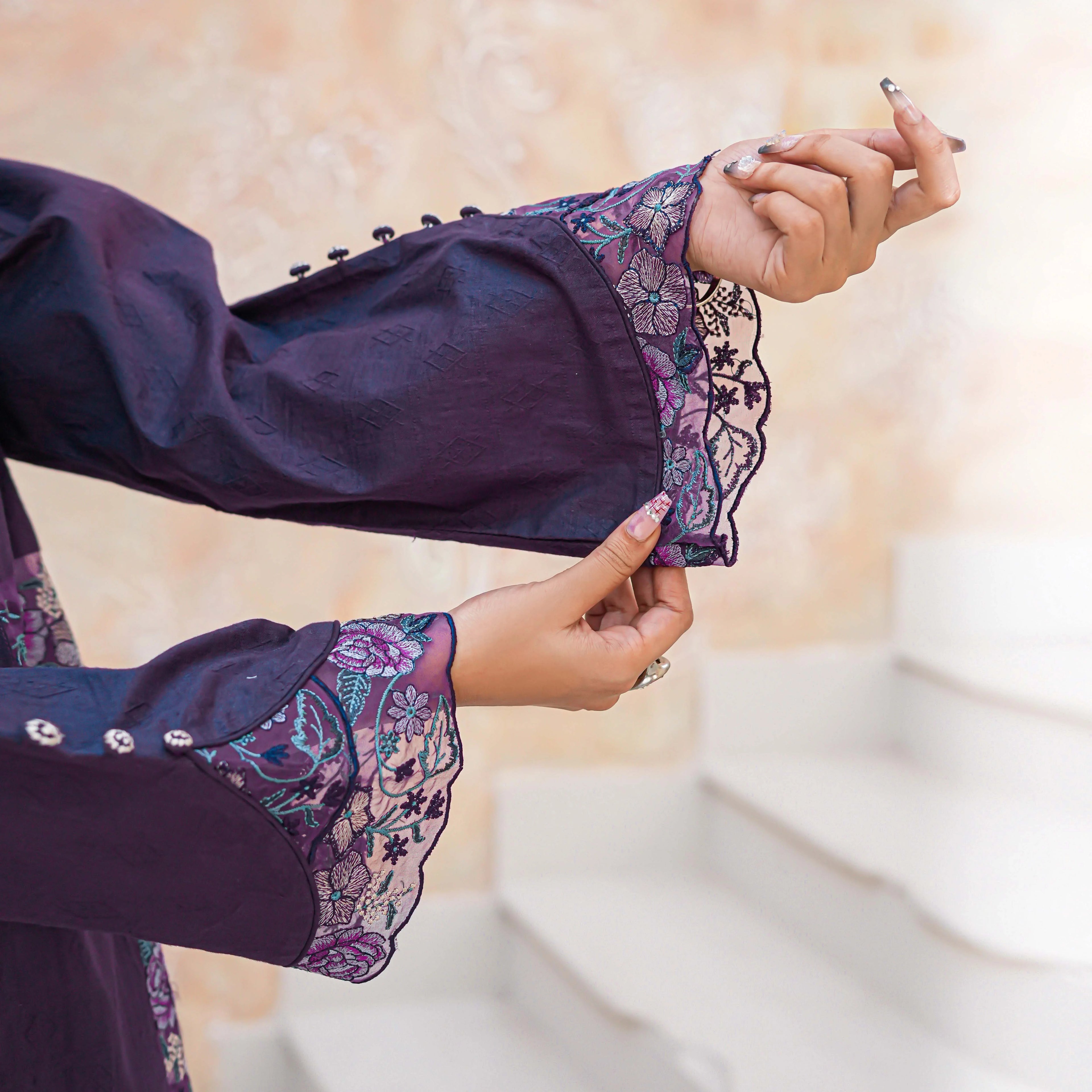 GUL-E-LALA | Purple Floral Patch 2-Piece Suit