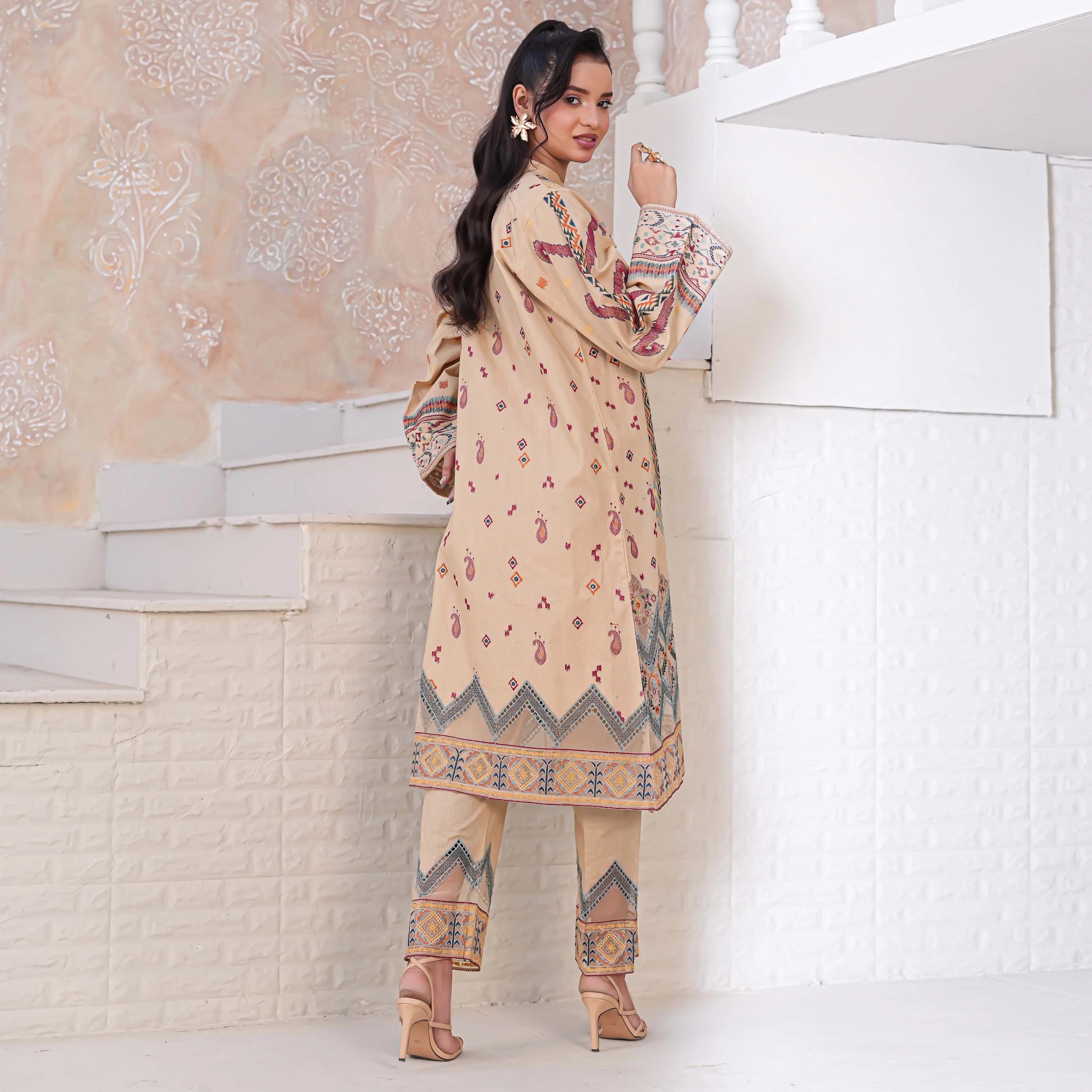 ROOHI | Beige/Sand Printed 2-Piece Suit