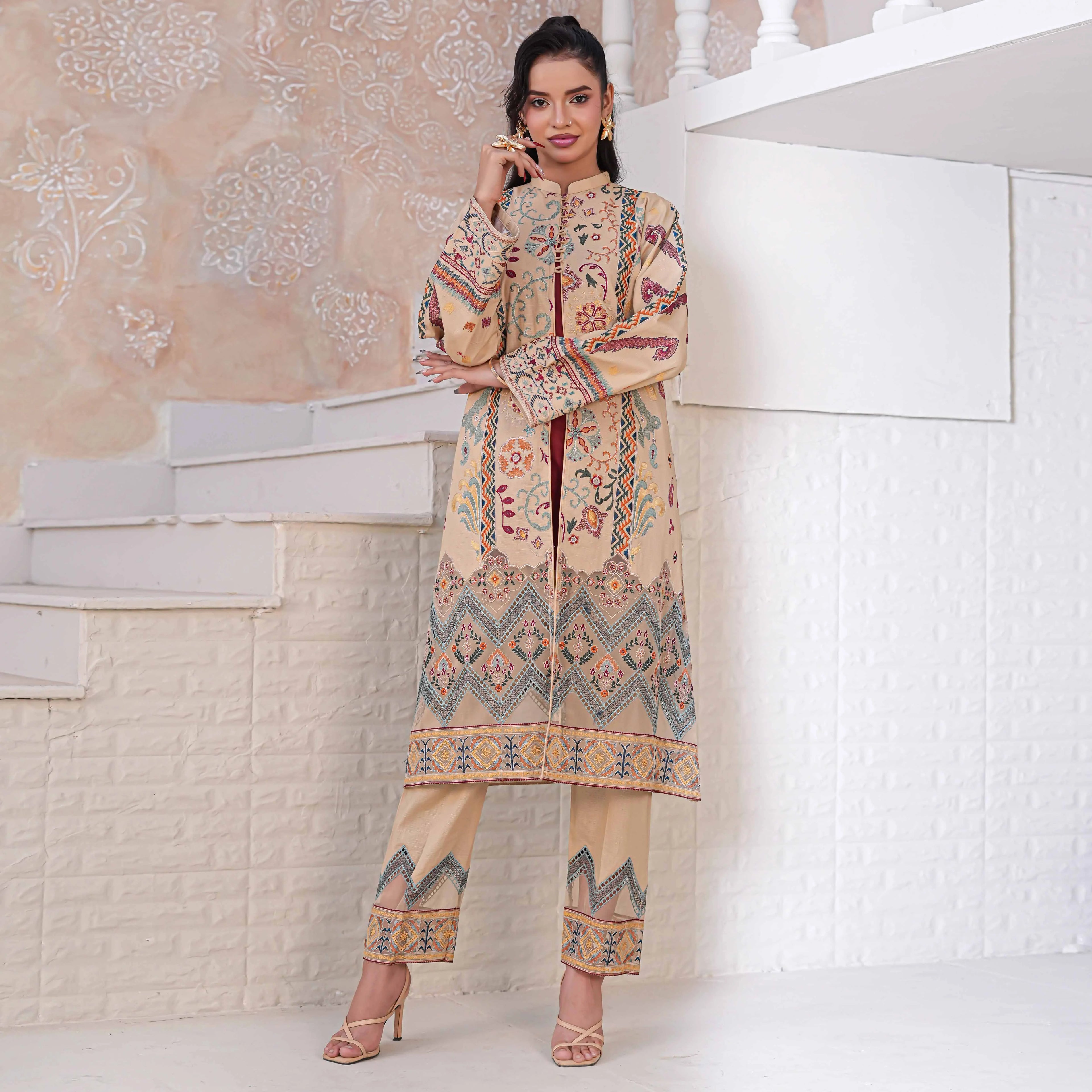ROOHI | Beige/Sand Printed 2-Piece Suit