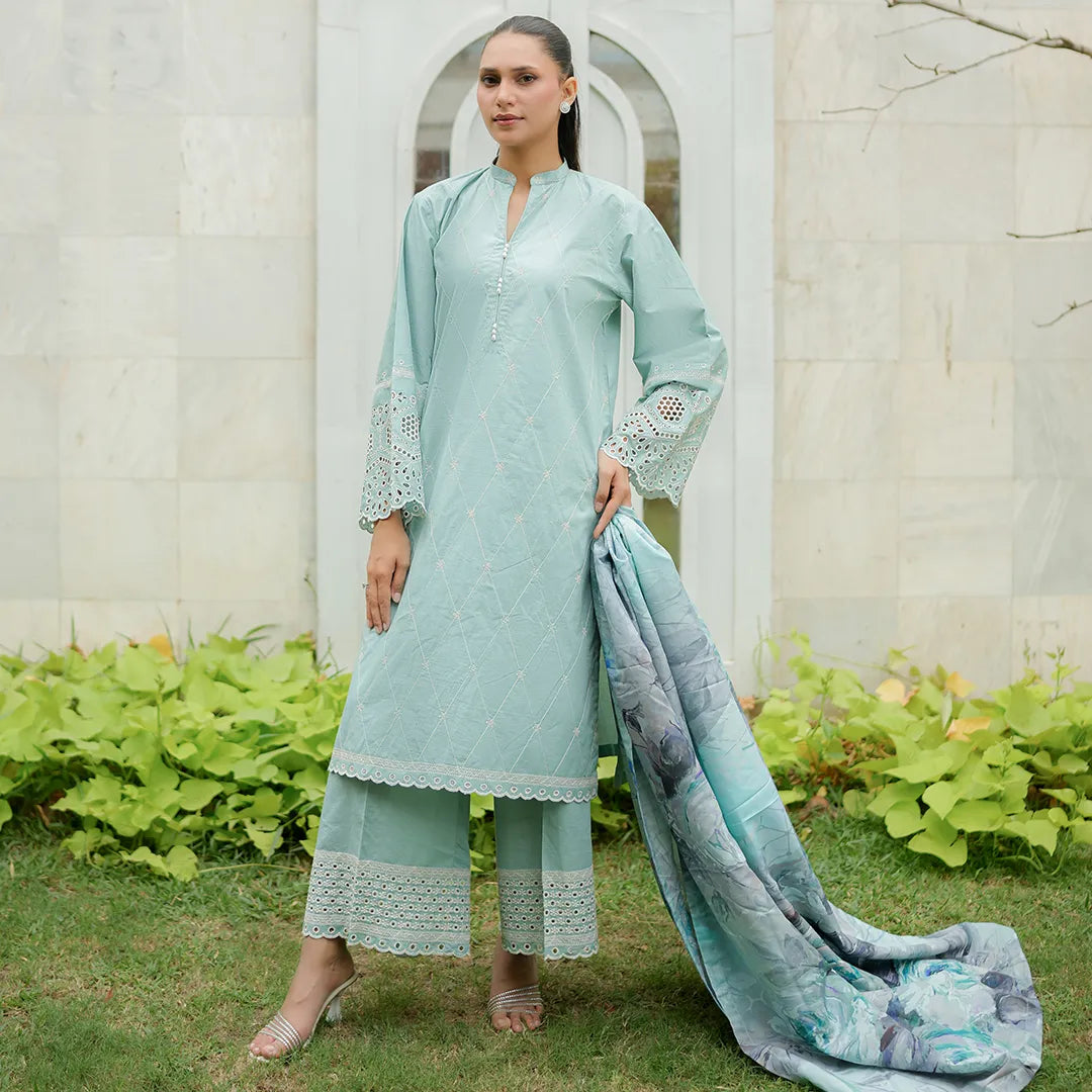 Nilofer – Greyish Blue Schiffli 3-Piece Outfit