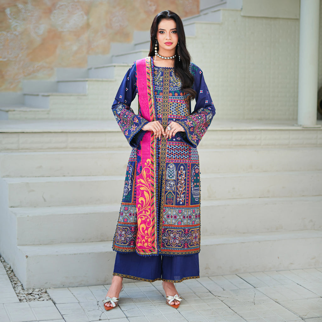 MINA - Navy Blue Geometric 3-Piece Luxury Suit