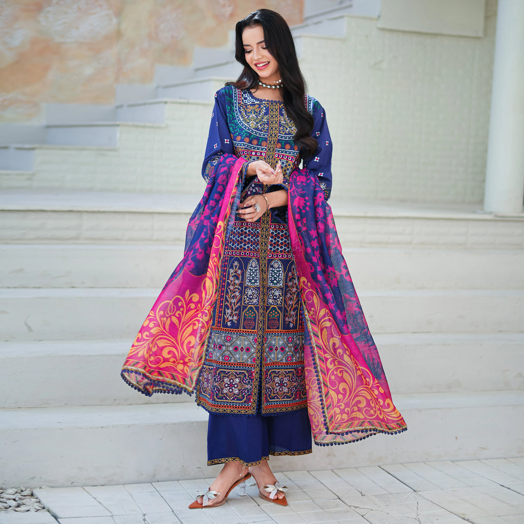 MINA - Navy Blue Geometric 3-Piece Luxury Suit