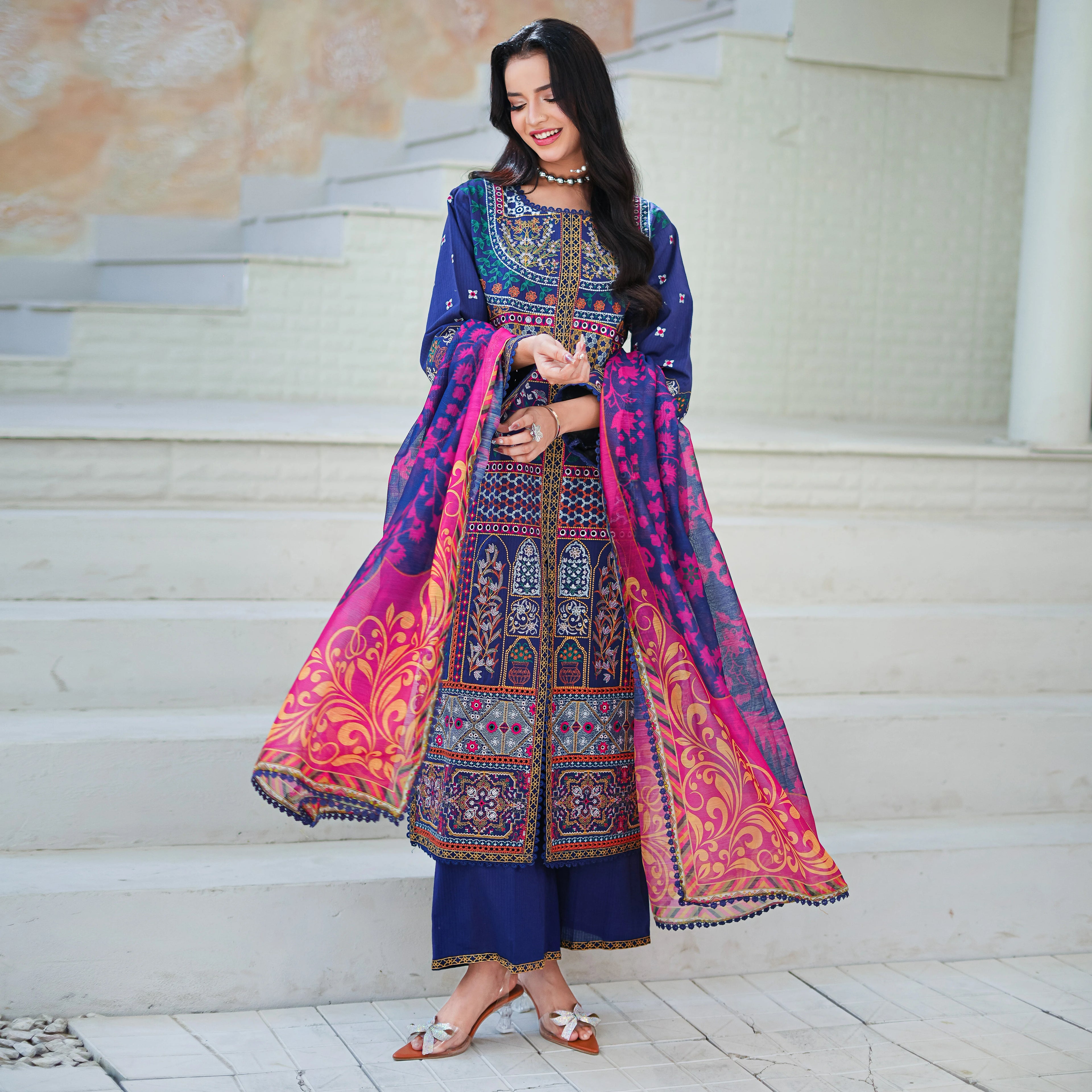 MINA - Navy Blue Geometric 3-Piece Luxury Suit