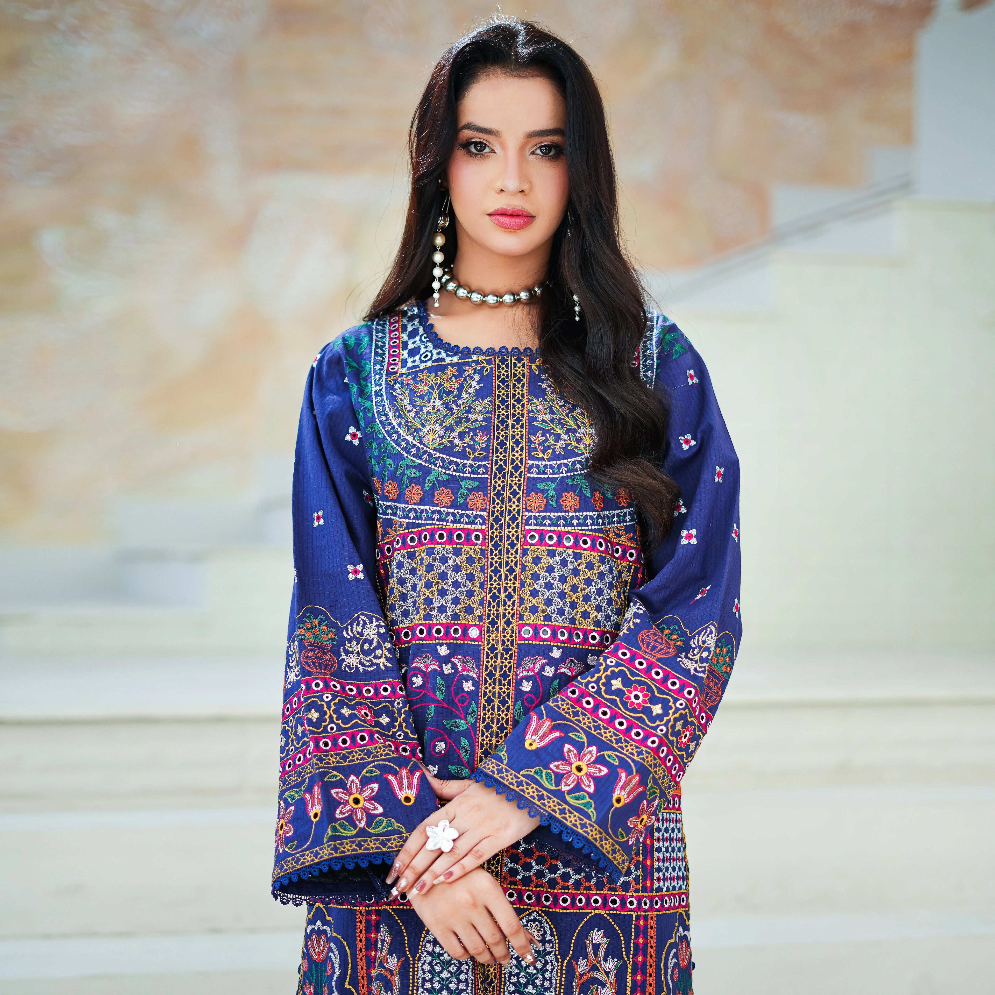 MINA - Navy Blue Geometric 3-Piece Luxury Suit